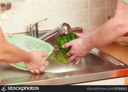 Young couple cooking together, washing fresh vegetables green lettuce in kitchen under water stream, preparation salad vegetarian meal