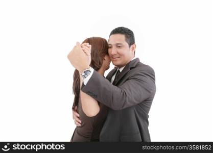 young couple dancing over white background