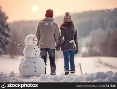 Young couple enjoying sunset after building snowman on cold winter day.AI Generative