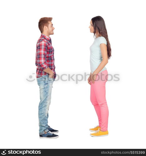 Young couple facing each other isolated on white background