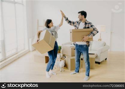 Young couple five high five to each other, carry big cardboard boxes during moving day, agree to work as team, pose in new apartment with dog and households items, have plan to decorate home