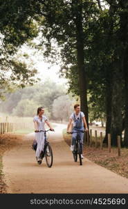 Young couple having a romantic date with bicycles
