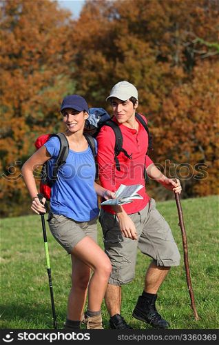 Young couple hiking in countryside