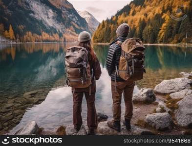 Young couple hiking journey in mountain with large lake view.AI Generative