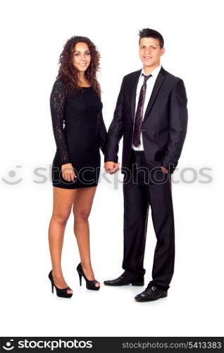Young couple holding their hands while standing over white background