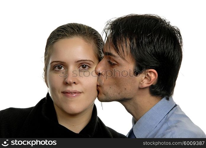 young couple in a kiss, isolated on white