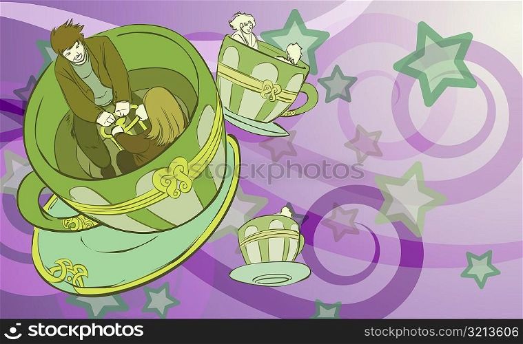 Young couple in an amusement park cup and saucer ride