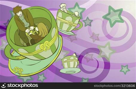 Young couple in an amusement park cup and saucer ride
