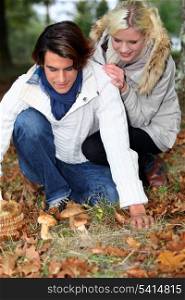 young couple in forest picking mushrooms