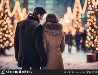 Young couple in large city with christmas decorations in romantic winter evening.AI Generative.