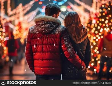 Young couple in large city with christmas decorations in romantic winter evening.Macro.AI Generative.
