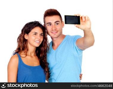 Young couple in love by becoming a photo with mobile isolated on white background