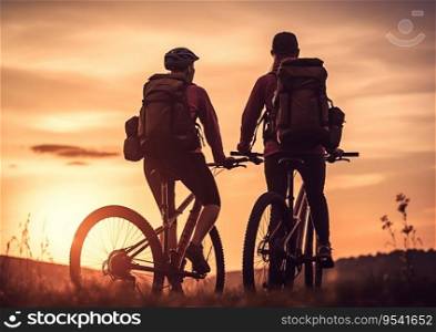 Young couple in mountains on bicycles watching sunset.AI Generative