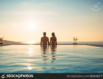 Young couple in swimming pool spa hotel with ocean view.AI Generative