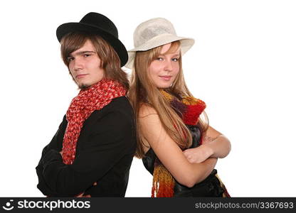 young couple in the hats isolated on white