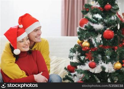 Young couple looking on Christmas tree