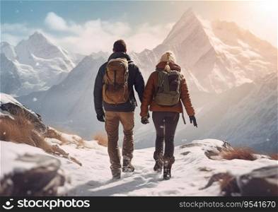 Young couple looking on mountain peak during travel hiking trip.AI Generative