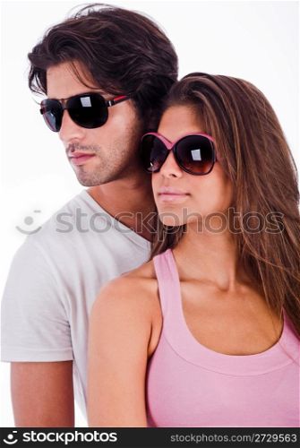 young couple looking right side view with sunglasses