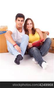 Young couple moving to new house, isolated over white