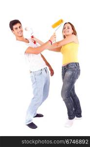 Young couple moving to new house, isolated over white