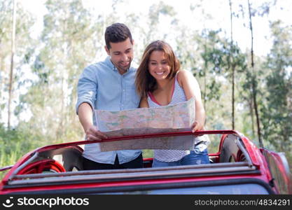 Young couple on roadtrip through countryside