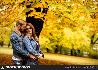 Young couple posing in the autumn park