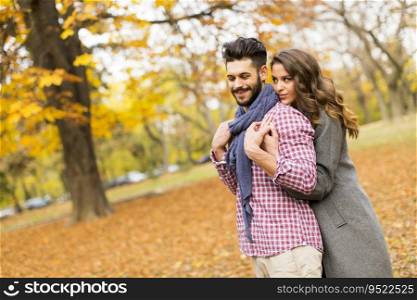 Young couple posing  in the autumn park