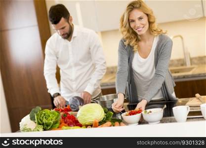 Young couple preparing meal in the modern kitchen