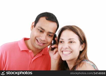 Young couple sharing mobile phone, portrait, close up