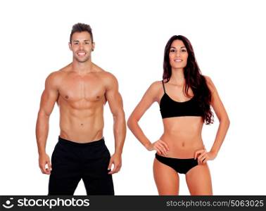 Young couple showing their perfect bodies isolated on a white background