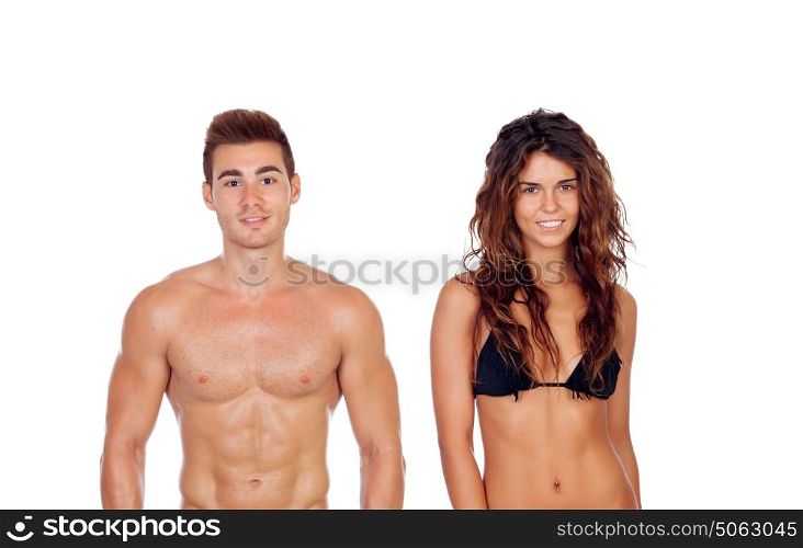 Young couple showing their perfect bodies isolated on a white background
