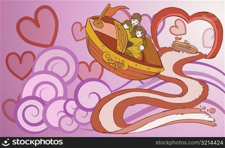 Young couple sitting in a boat in mid-air