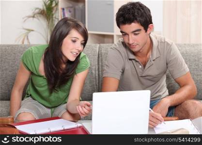 Young couple sitting on a sofa with a laptop