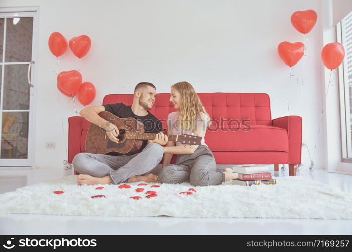 Young Couple sweet love in bed room morning soft focus