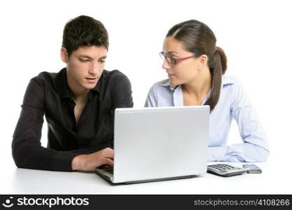 Young couple teamwork cooperation, white table with laptop