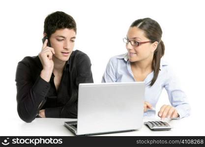 Young couple teamwork cooperation, white table with laptop
