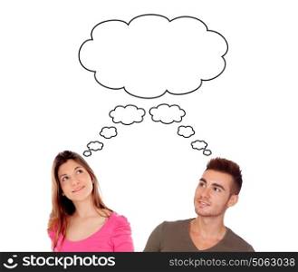 Young couple thinking about the same idea isolated on a white background