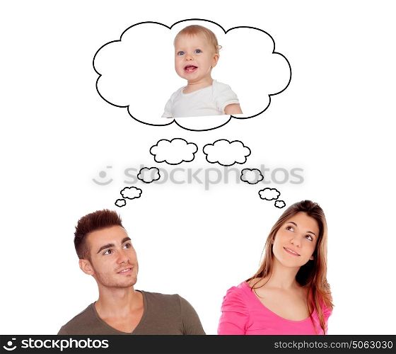 Young couple thinking about their baby isolated on a white background
