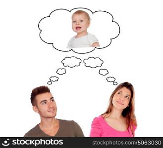 Young couple thinking about their baby isolated on a white background