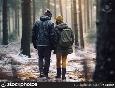 Young couple walking in winter forest with backpacks on day trip.Ai Generative.