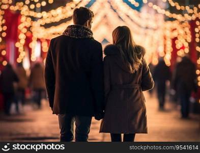 Young couple walking through large city with christmas decorations.AI Generative.