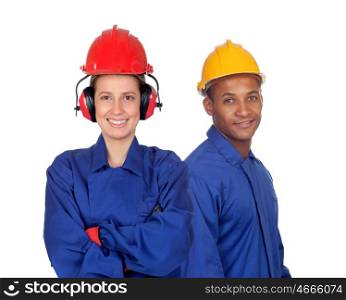 Young couple with clothing workers safety at work isolated on white background