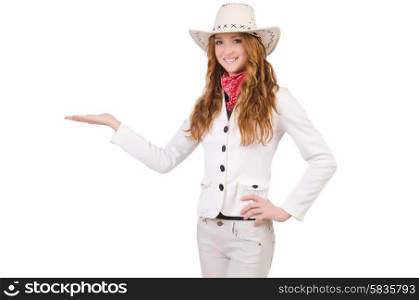 Young cowgirl holding hands l isolated on white