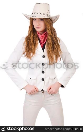 Young cowgirl isolated on white
