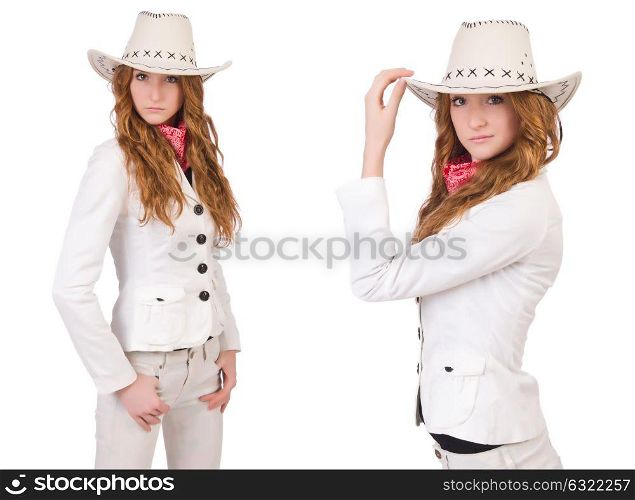 Young cowgirl isolated on white. The young cowgirl isolated on white