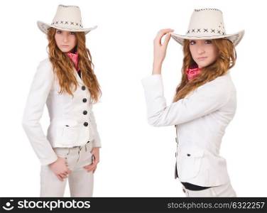 Young cowgirl isolated on white. The young cowgirl isolated on white