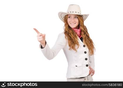 Young cowgirl pressing virtual buttons isolated on white