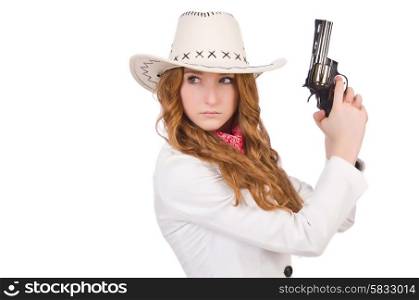 Young cowgirl with gun isolated on white