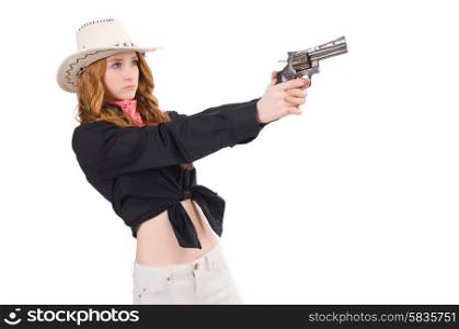 Young cowgirl with handgun isolated on white