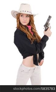 Young cowgirl with handgun isolated on white